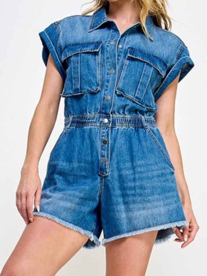 Denim Blue Cinched Waist Romper