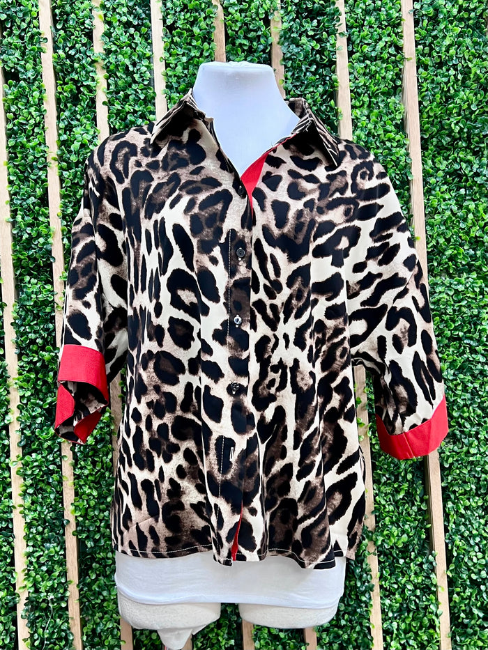 Brown Leopard Red Trim Blouse