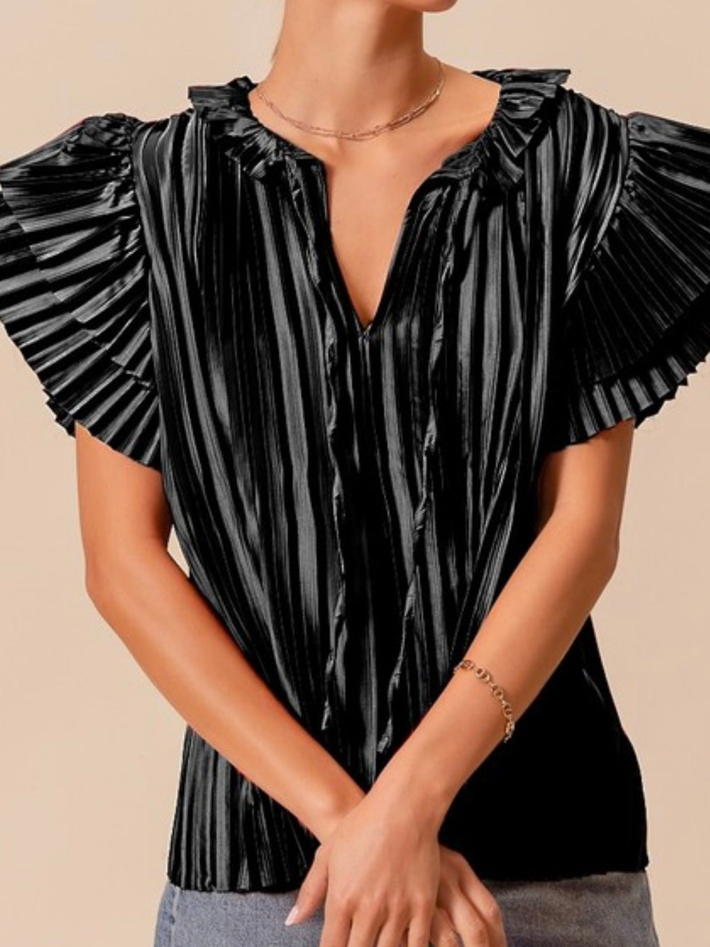 Black Pleated Flutter Sleeves Satin Top