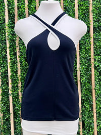 Navy Trimmed Cross Top