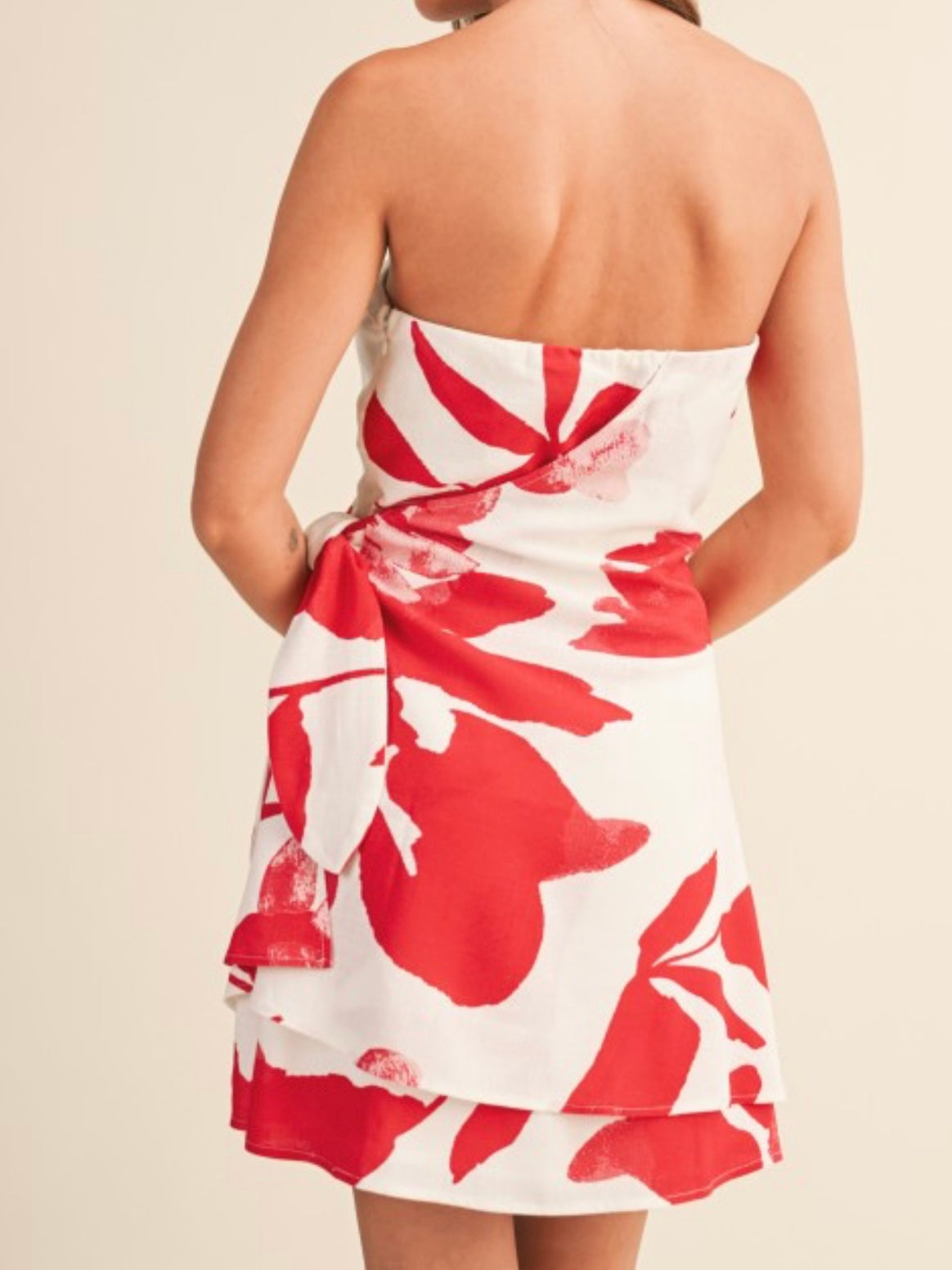 Tomato Tropical Wrap Strapless Short Dress
