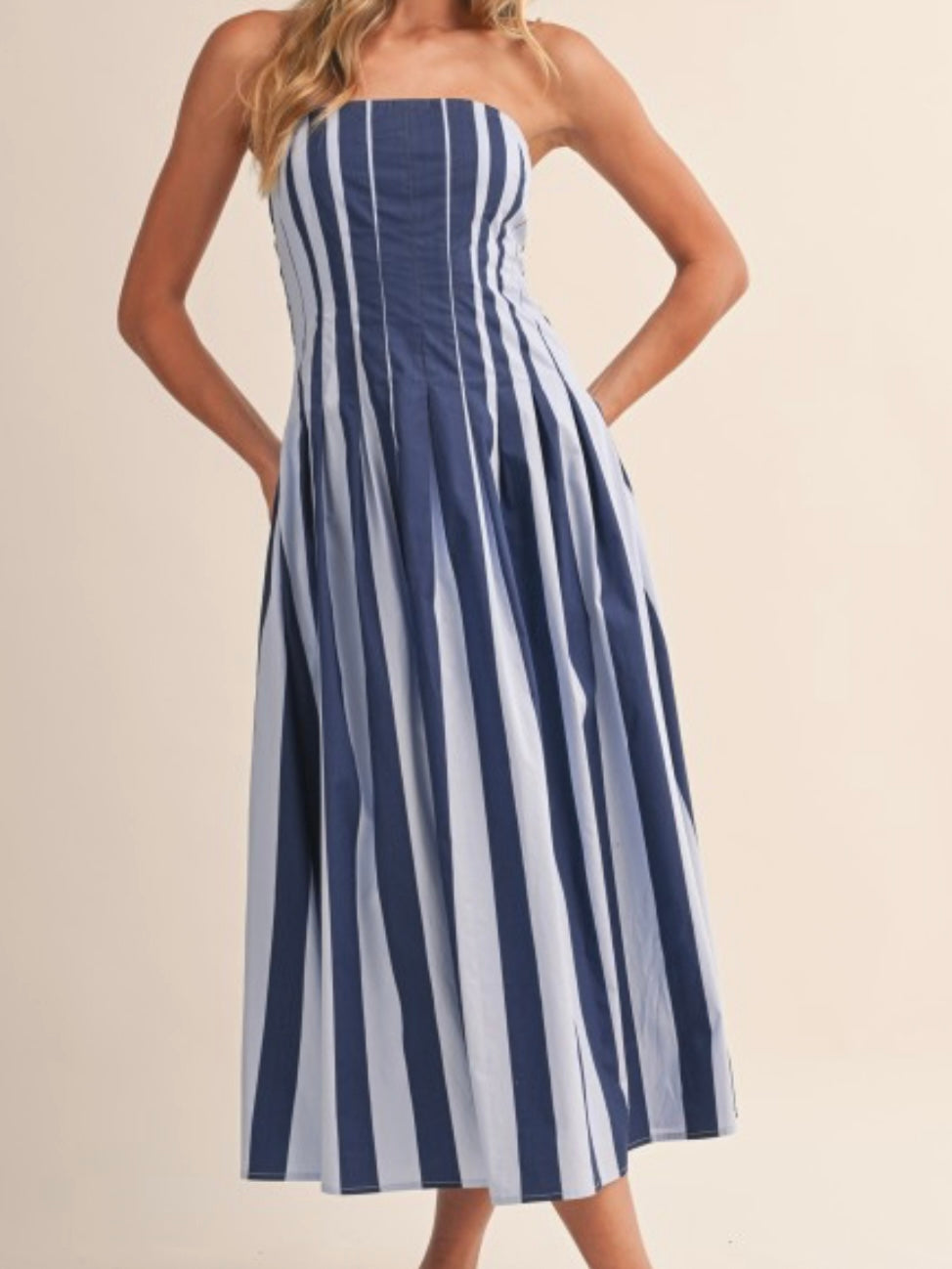 Nautical Stripe Strapless Midi Dress