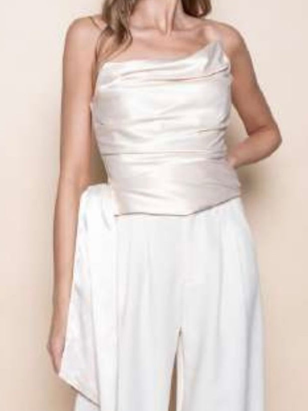 Champagne Asymmetrical Draped Satin Strapless Corset