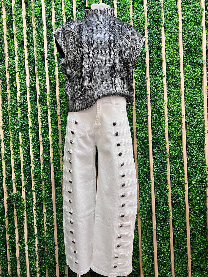 Metallic Black Cable Knit Mock Neck Sweater Vest