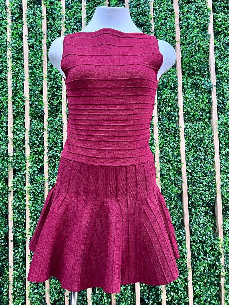 Exquisite Burgundy Banded Drop Waist Short Dress