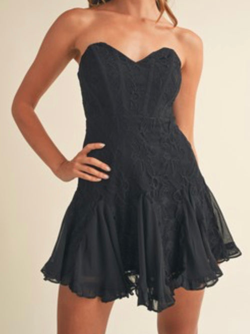 Black Floral Lace Sweetheart Strapless Dress