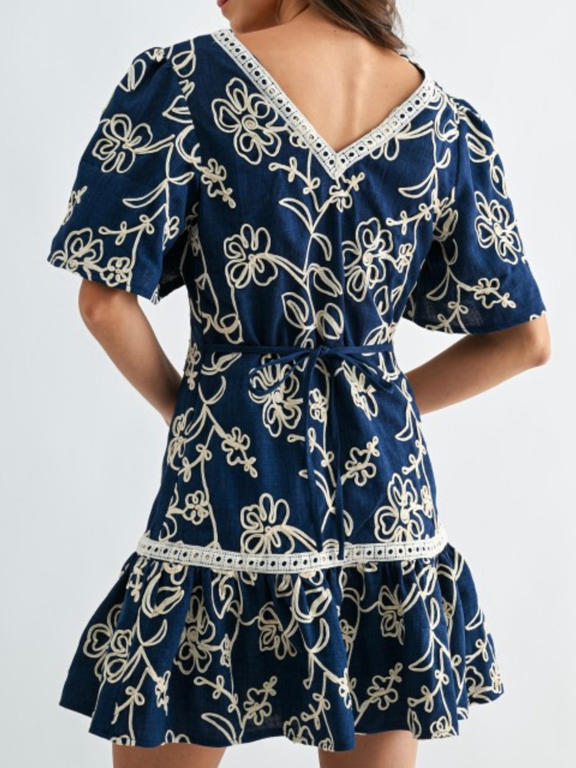 Navy Floral Embroidered Mini Dres