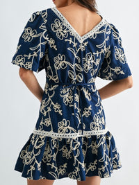 Navy Floral Embroidered Mini Dres