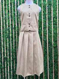 Beige Pleated Button Detail Midi Skirt