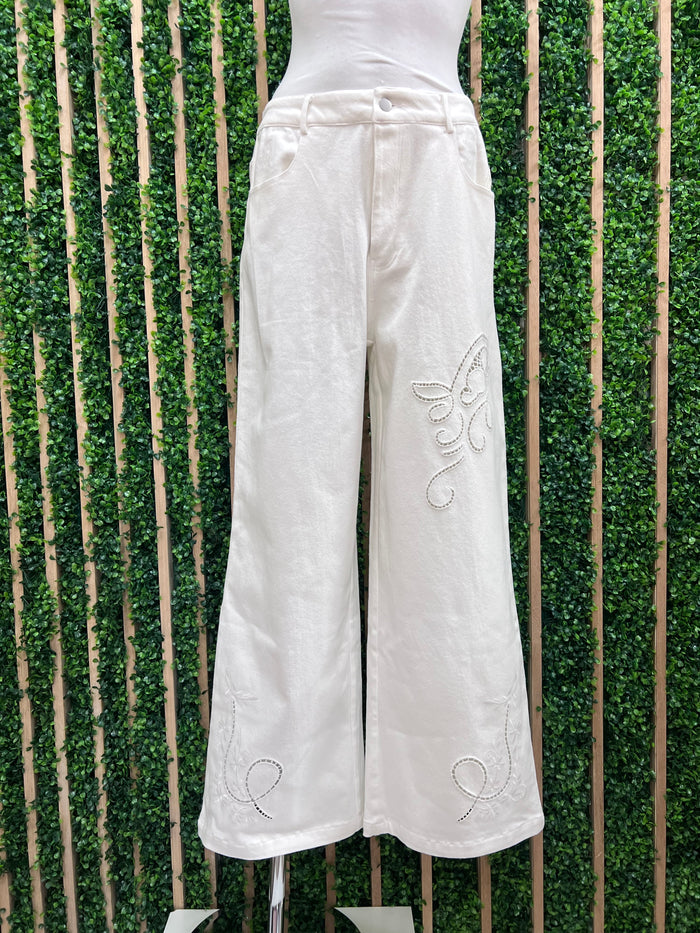 White Floral Embroidered Wide Leg Denim Pant