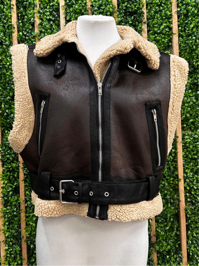 Belted Sherpa Trim Pleather Vest