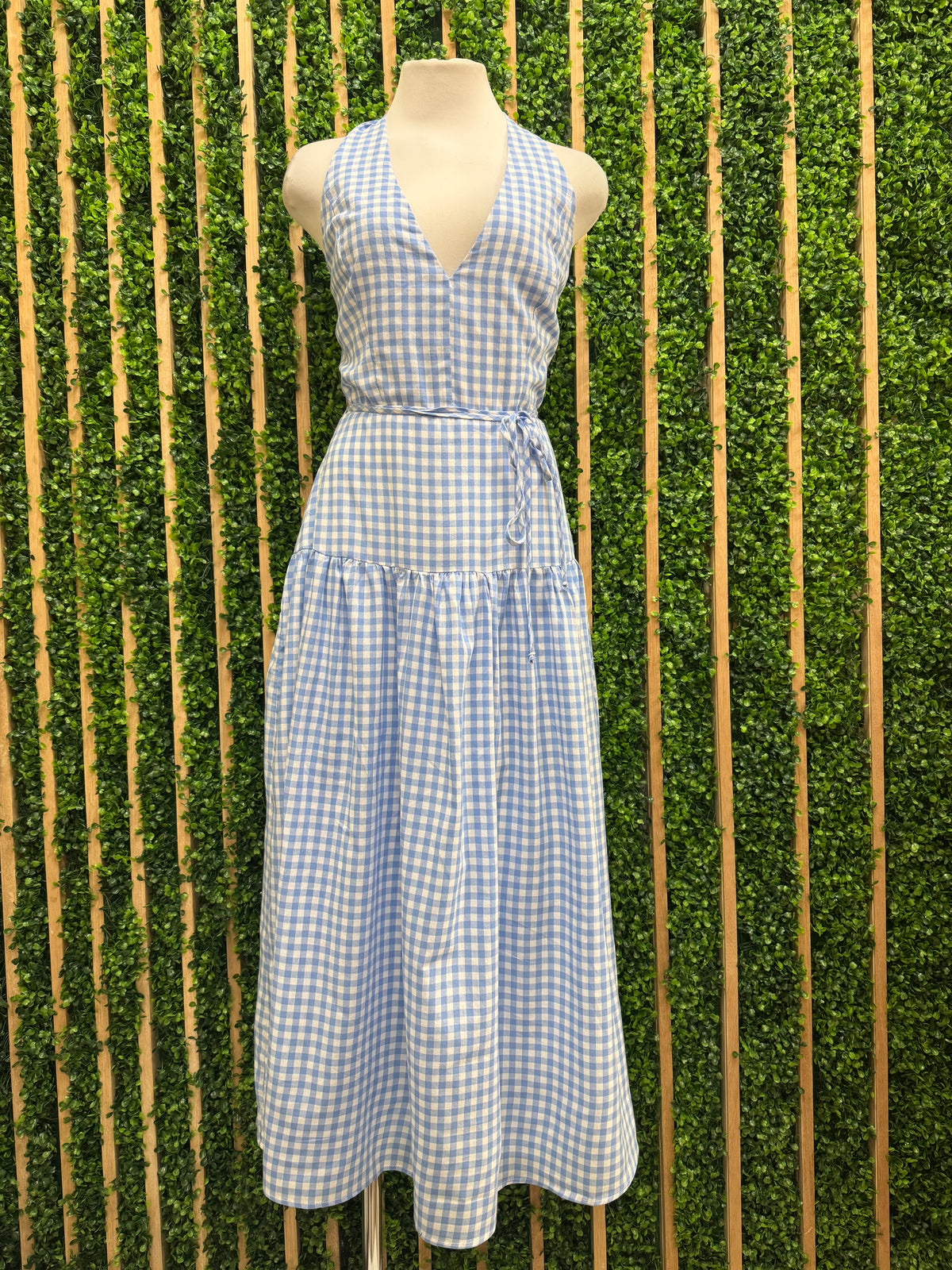 Light Blue Plaid Halter Neck Maxi Dress