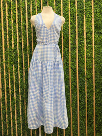 Light Blue Plaid Halter Neck Maxi Dress