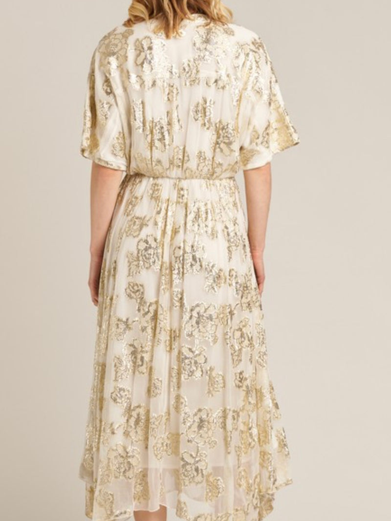 Ivory Gold Embroidered V Neck Maxi