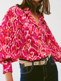 Fuchsia Print Balloon Sleeve Blouse