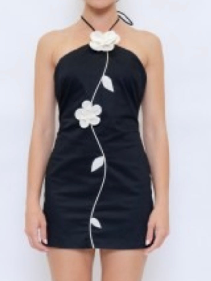 Black Floral Appliqué Halter Mini Dress