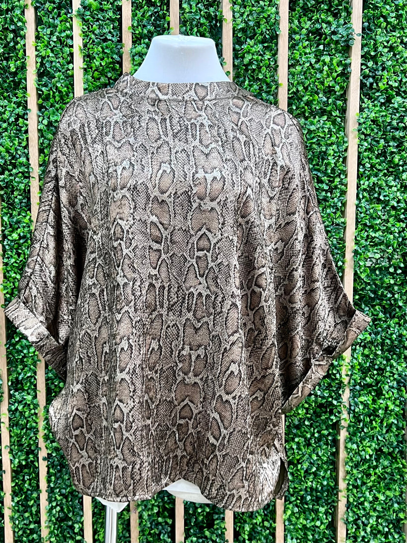 Snake Print Mock Neck Loose Fit Blouse