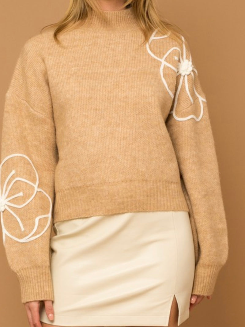 Flower Embroidery Mock Neck Sweater