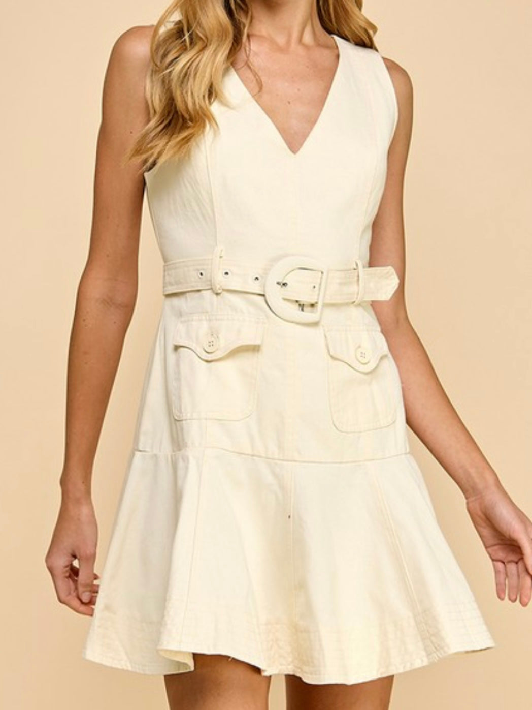 V NEck Belted Ruffle Hem Short Dress