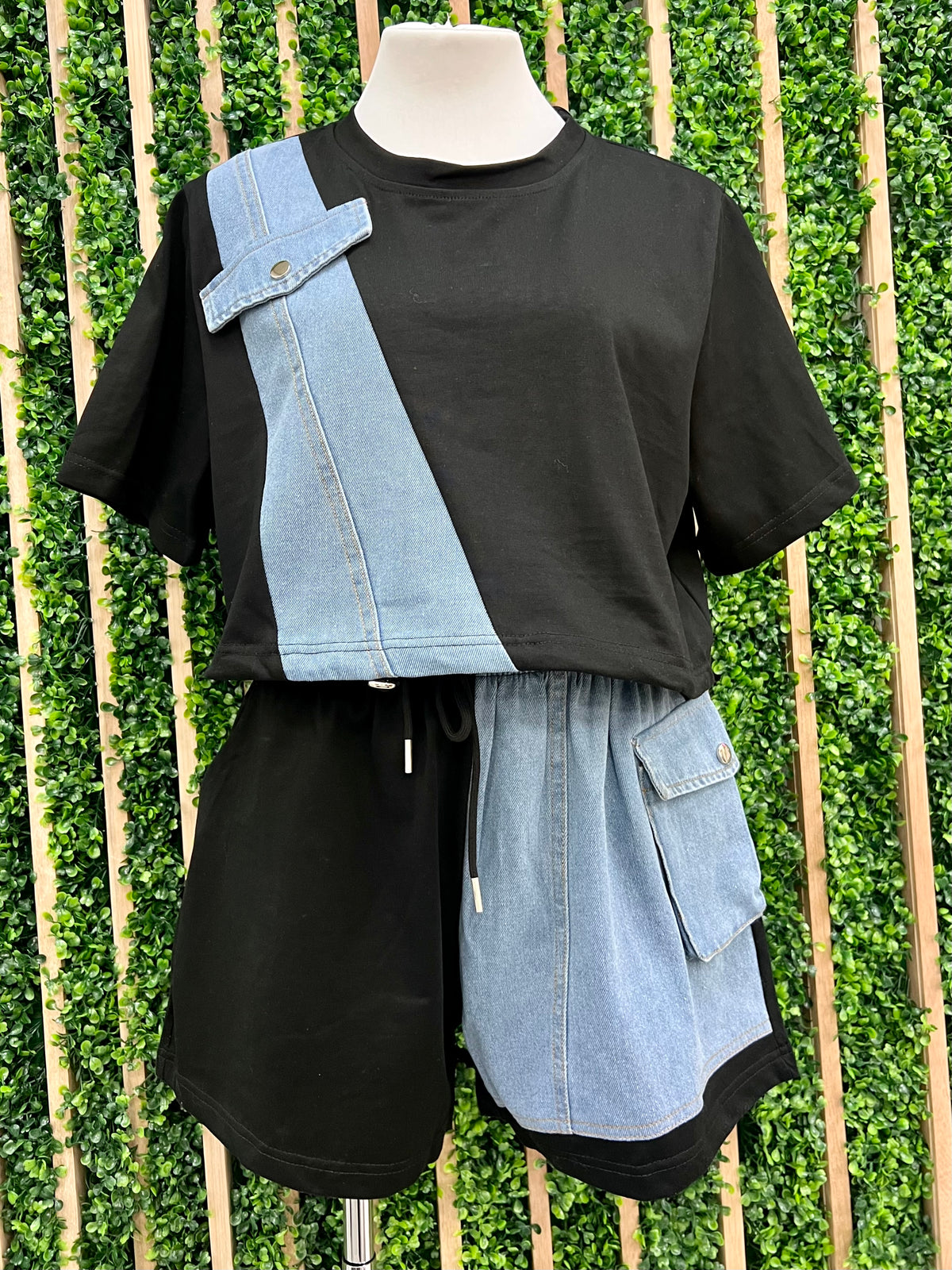 Denim Detail Black Short Pant Set