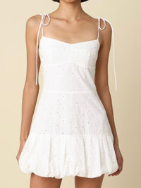 White Eyelet Fitted Bubble Hem Mini Dress