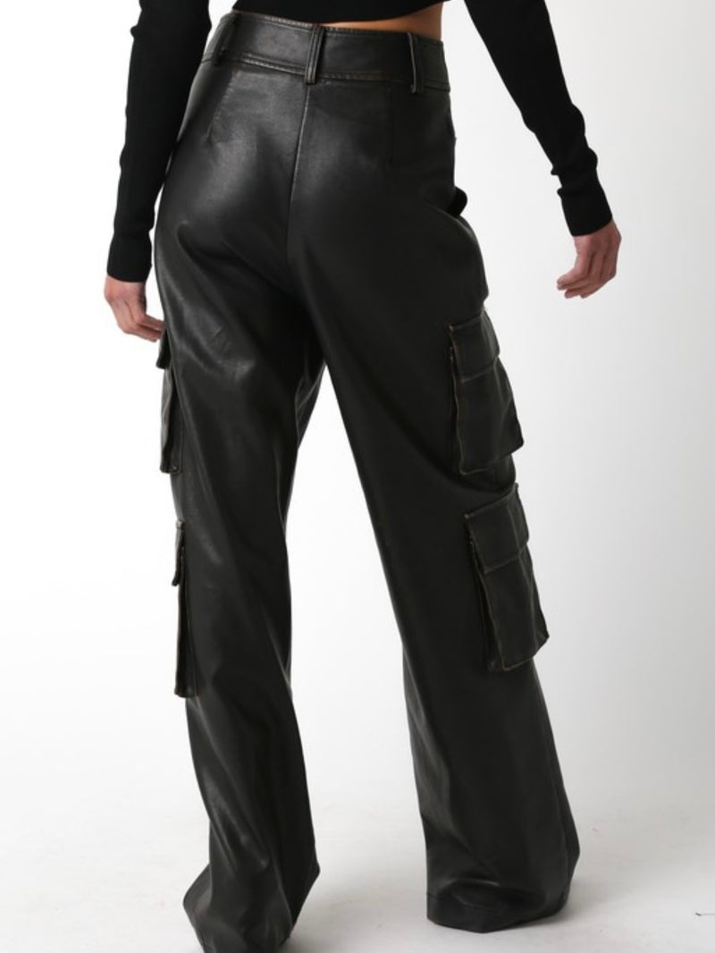 Black Brown Pleather High Waist Cargo Pants