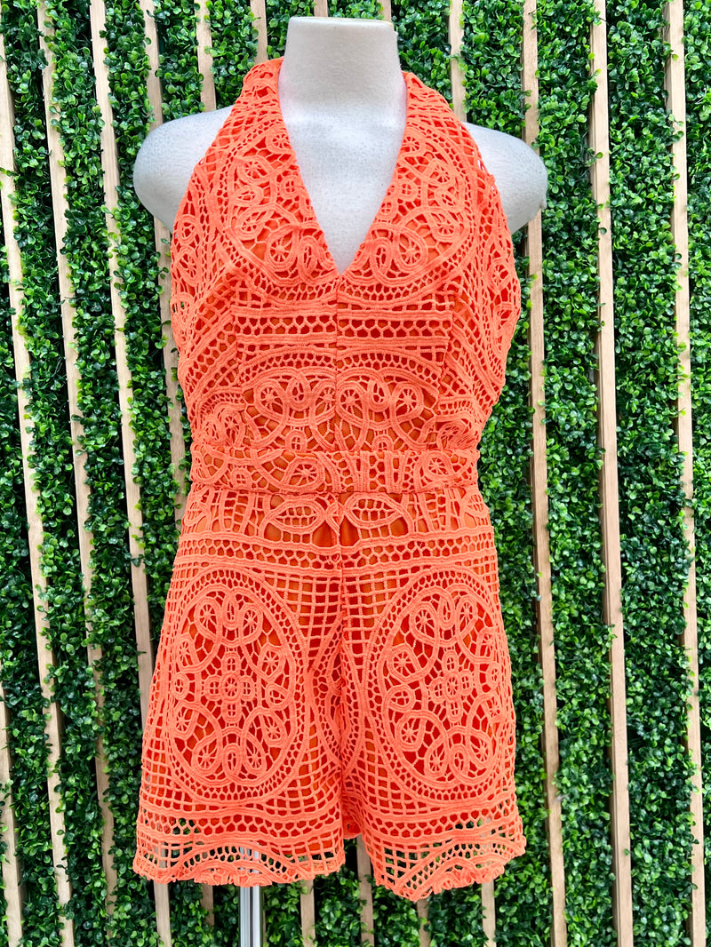 Orange Lace Halter Romper