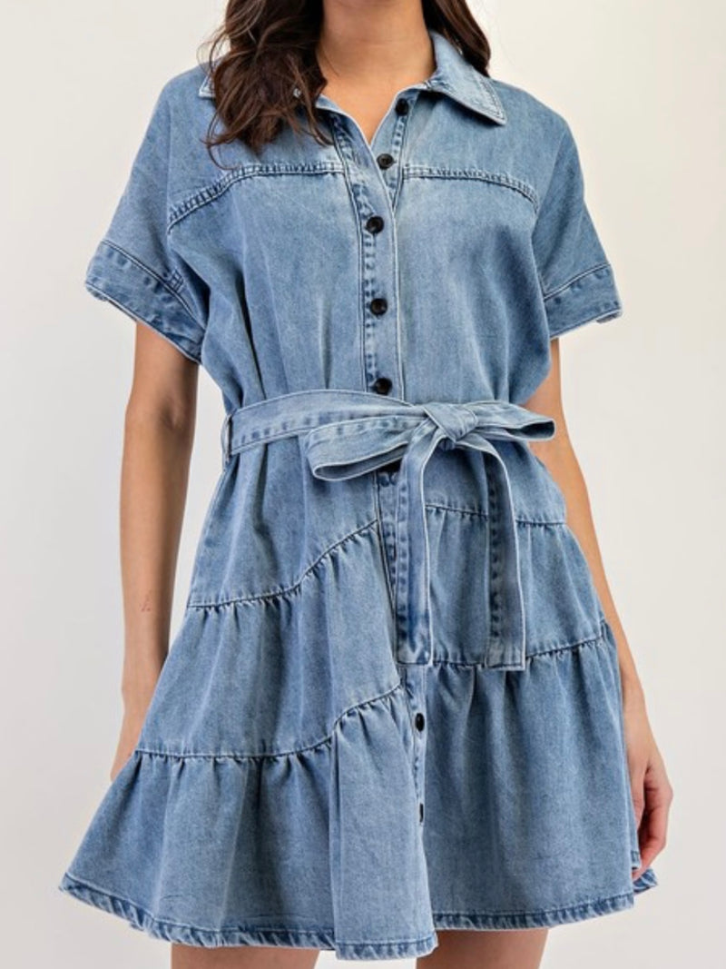 Collared Denim Tiered Short Dress