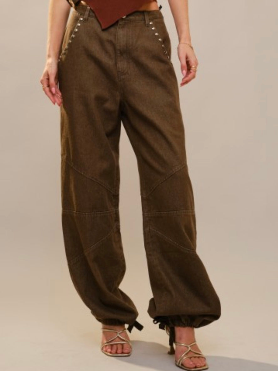 Brown Studded Drawstring Hem Jogger