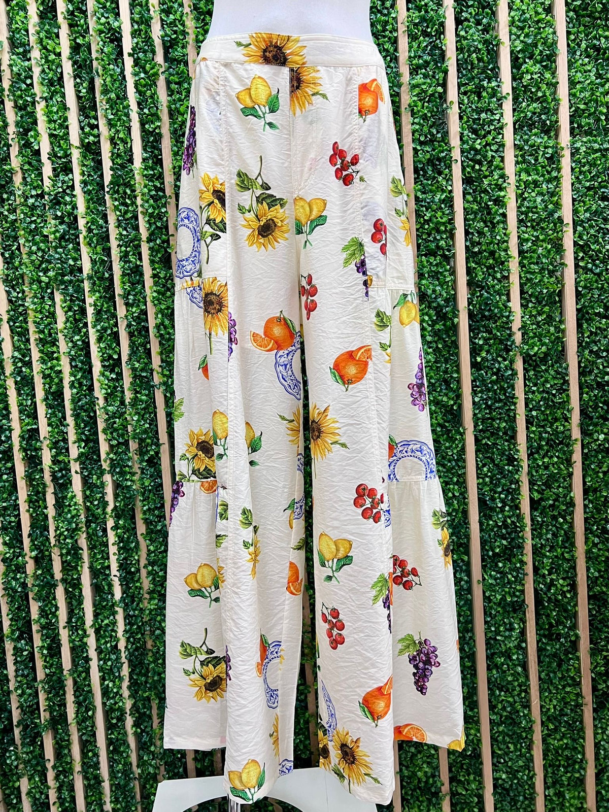 Fruit and Sunflowers Print Tiered Wide Leg Pant