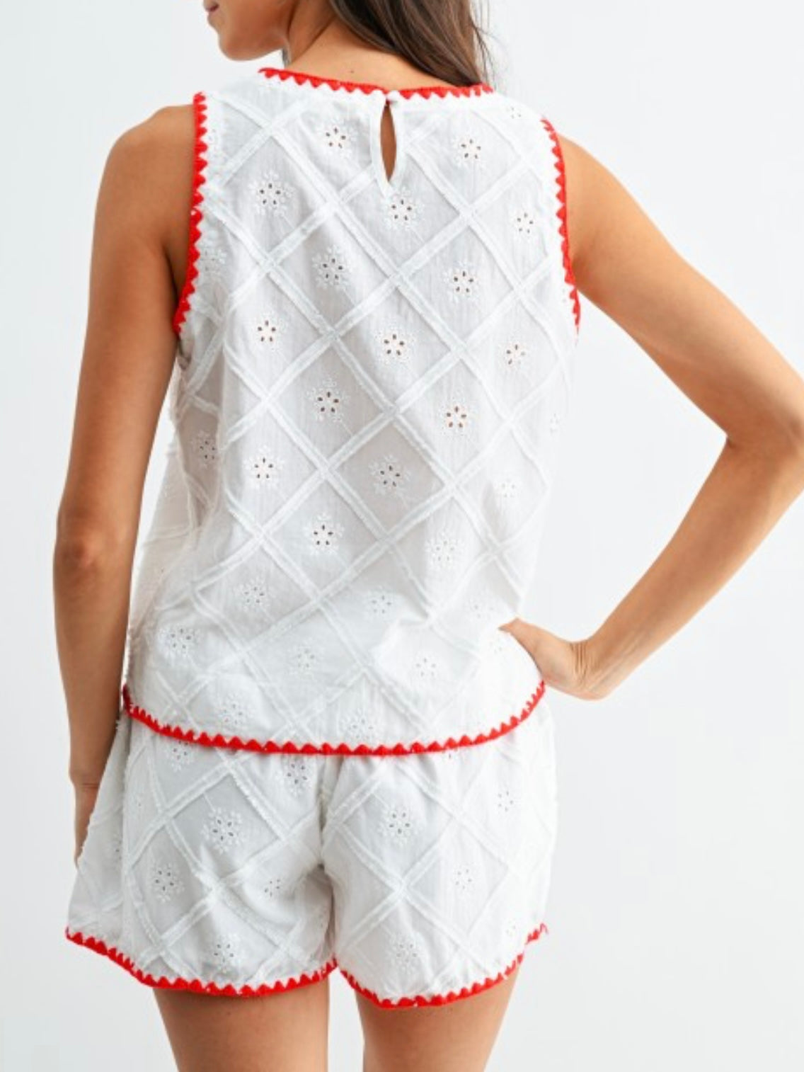 White Eyelet Two-Piece Short Set with Red Trim