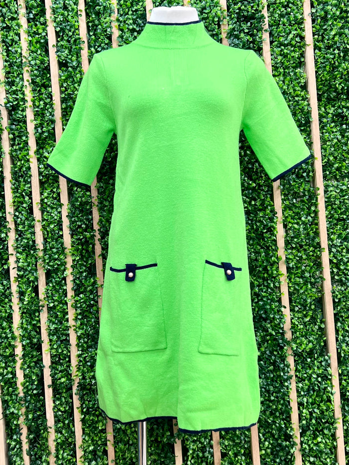 Green Front Pockets Knit Dress