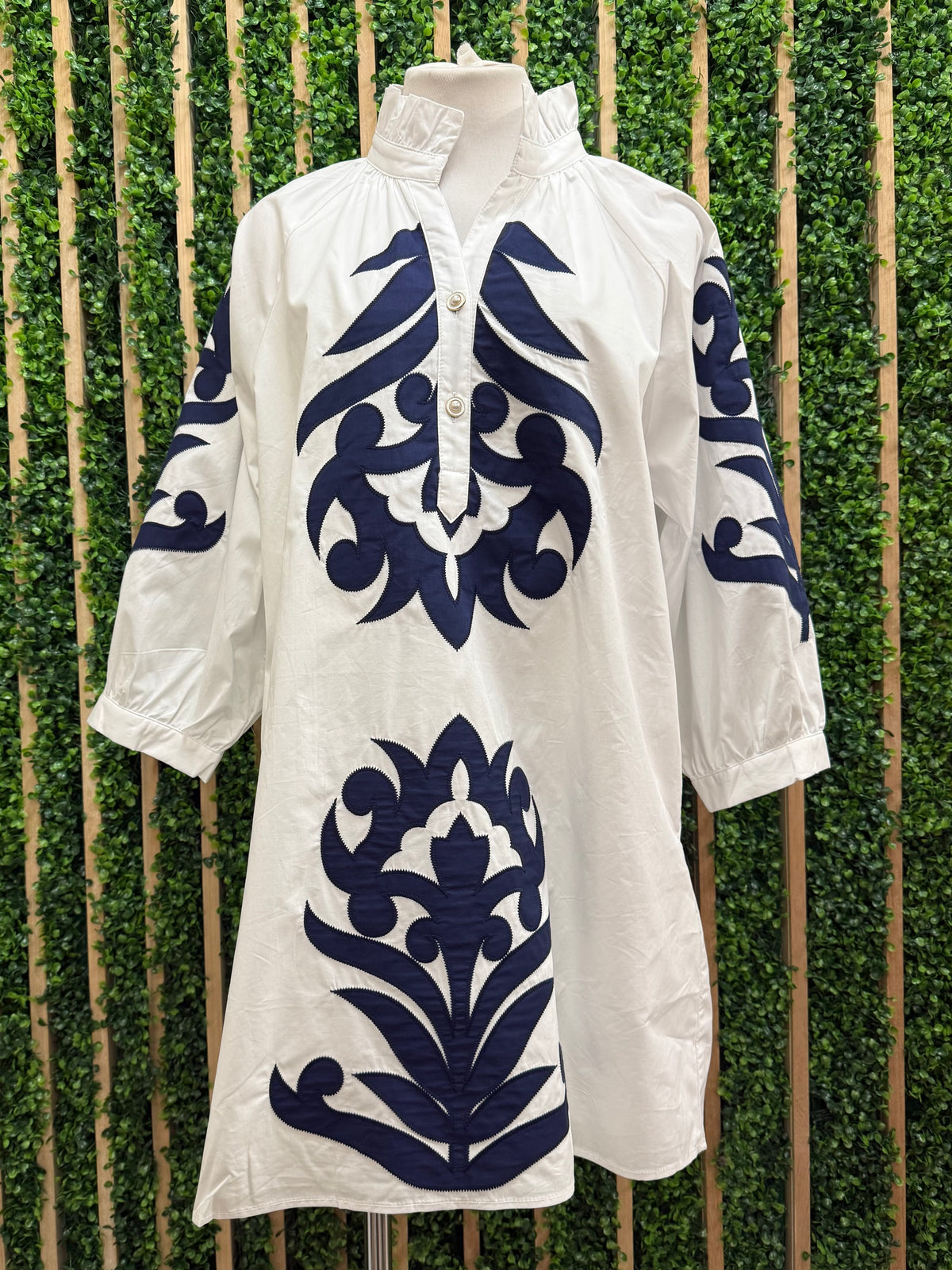 Embroidered Off White Navy Long Balloon Short Sleeve Short Dress