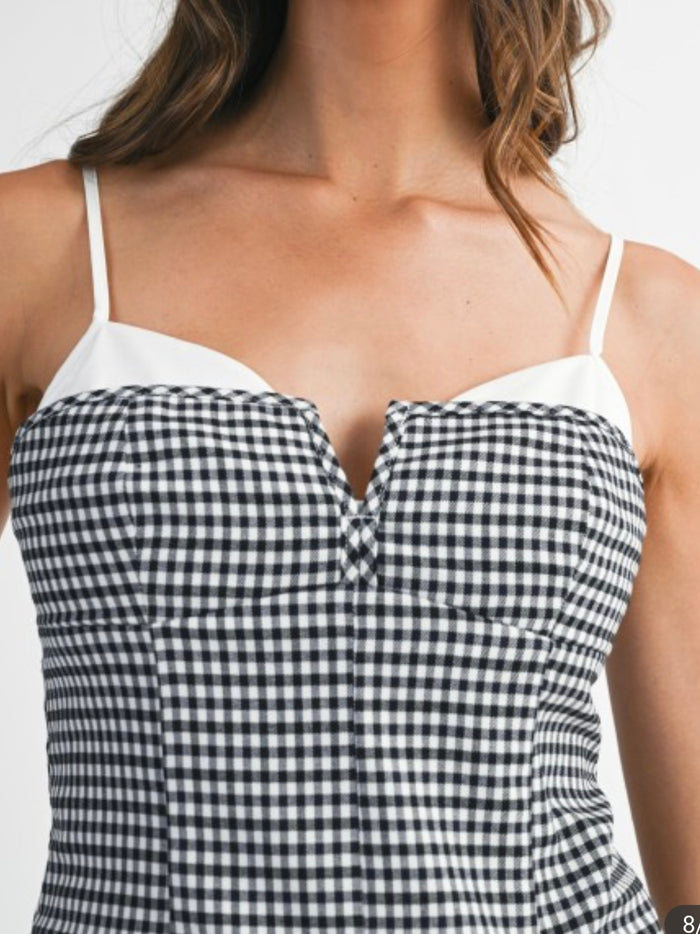 Black White Gingham Plaid Contrast Strap Top