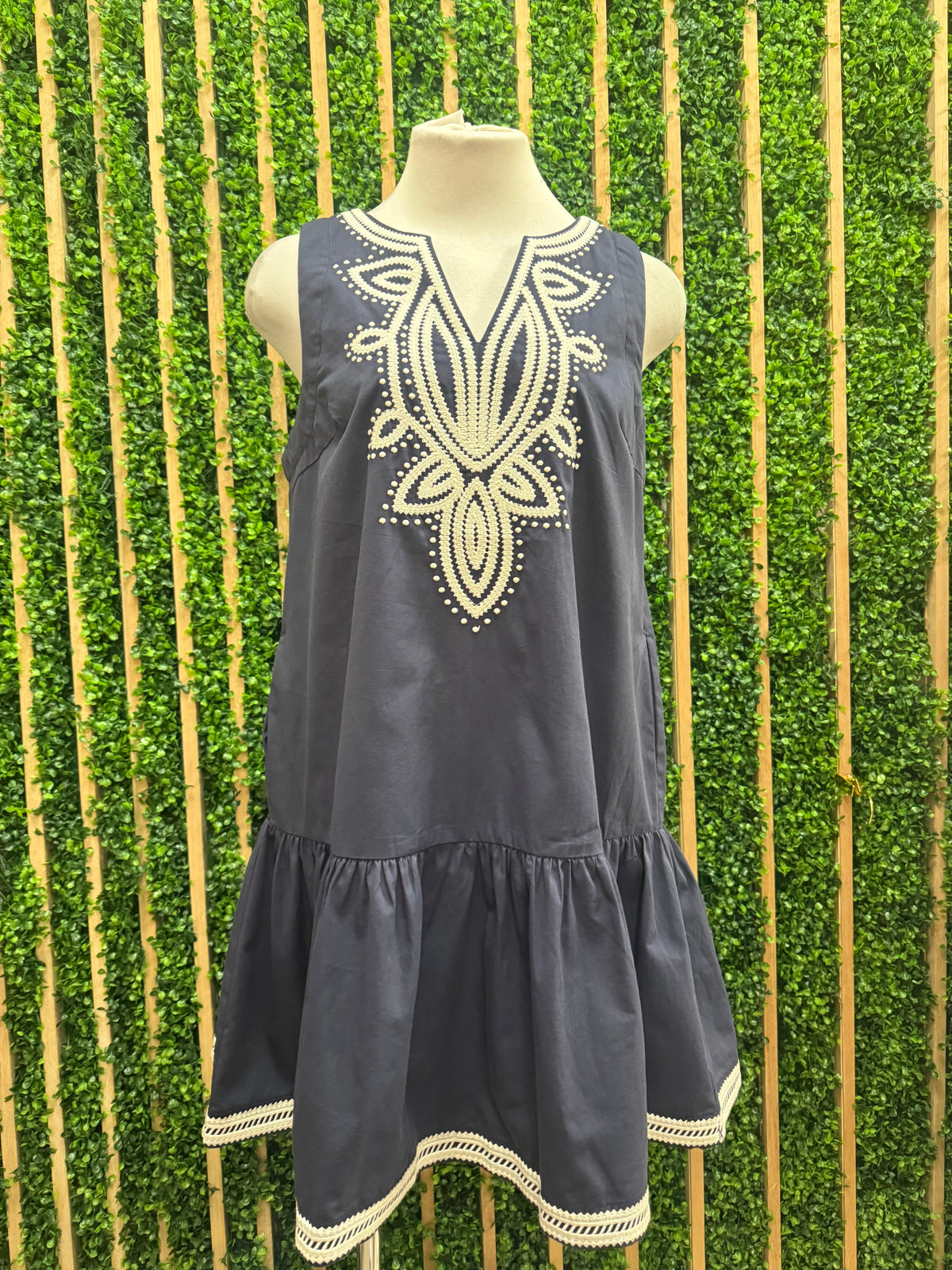 Navy Ivory Embroidered Dropwaist Short Dress