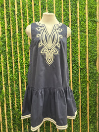 Navy Ivory Embroidered Dropwaist Short Dress