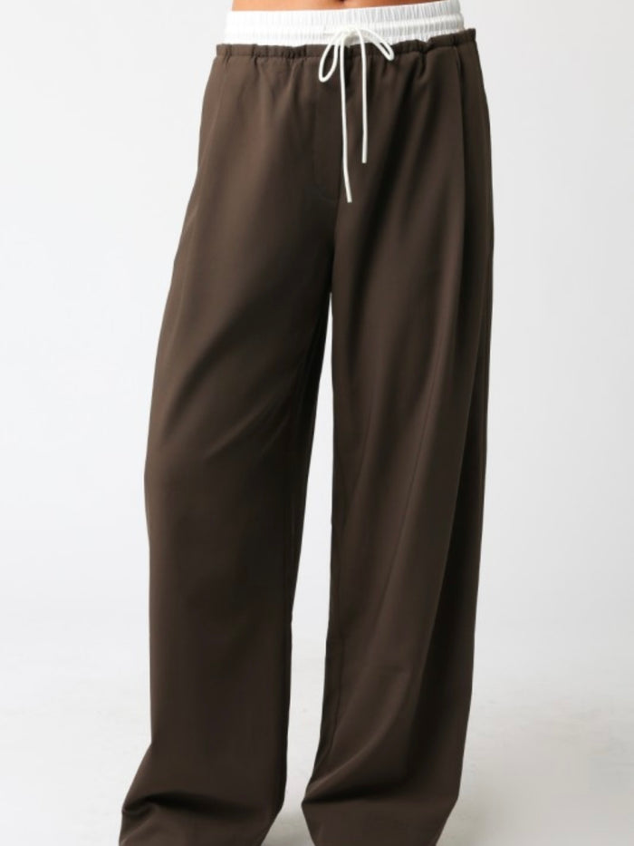 Contrast Waist Wide Leg Mocha PAnt
