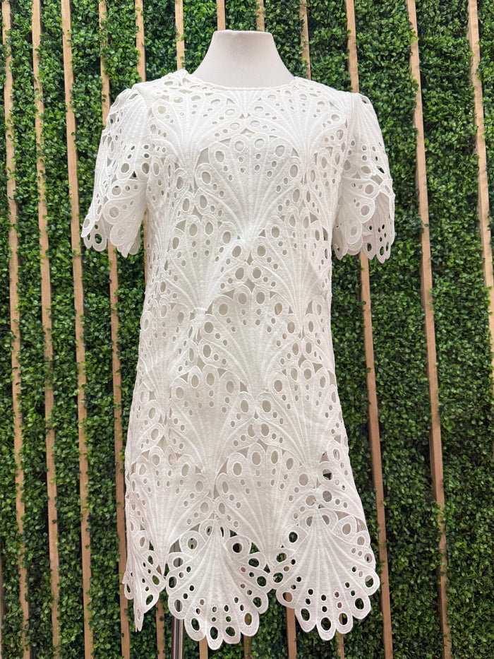 White Brushed Scalloped Lace Dress