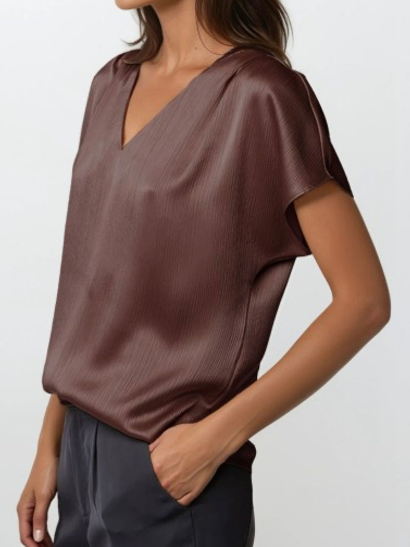 Crinkle Stain Pleated Cap Sleeve Blouse