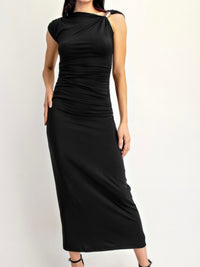 Black Ruched Midi Dress With Metal Ring Strap Detail