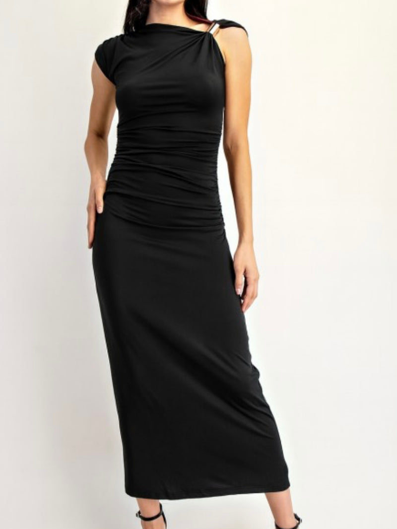 Black Ruched Midi Dress With Metal Ring Strap Detail