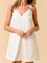Textured Flower Detail Shirred Ivory Short Dress