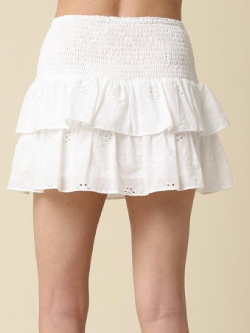 White Eyelet Smocked Ruffle Mini Skirt