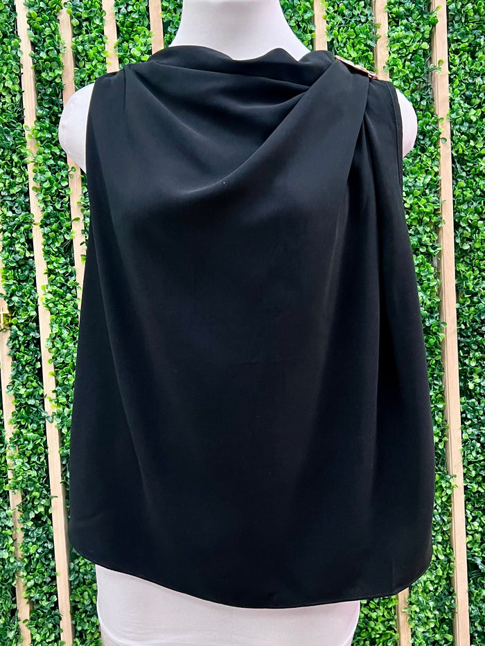 Brooch Detail Draped Sleeveless Blouse