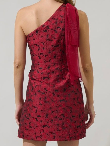 Red Bow Detail Jacquard One Shoulder Short Dress