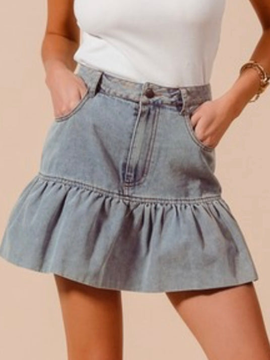 Ruffled Hem Denim Skirt