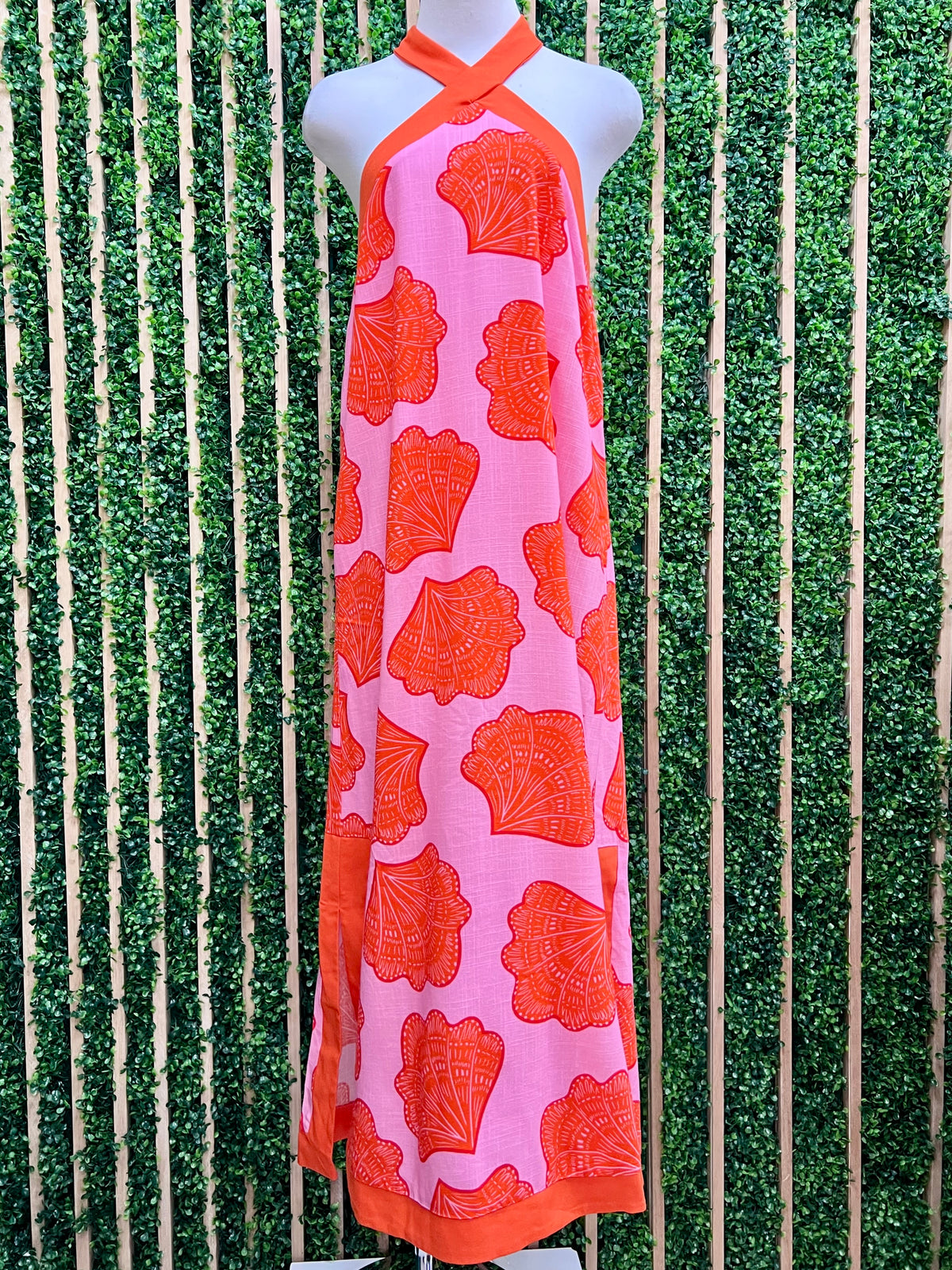 Orange Pink Shell Embossed Halter Dress
