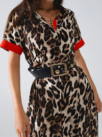 Red Trim Brown Leopard Blouse Dress