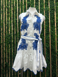 Off White Blue Embroidered Button Down Short Dress