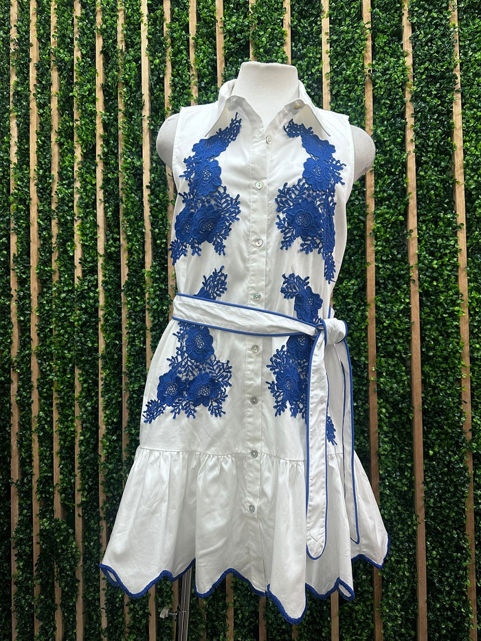 Off White Blue Embroidered Button Down Short Dress